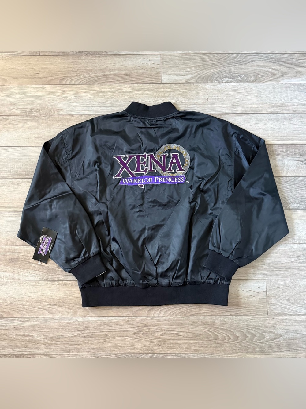 Vintage NWT XENA Warrior Princess Embroidered Black Nylon Bomber Jacket Large